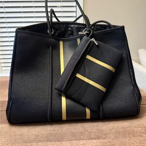 Black Tote Bag with Gold Stripes